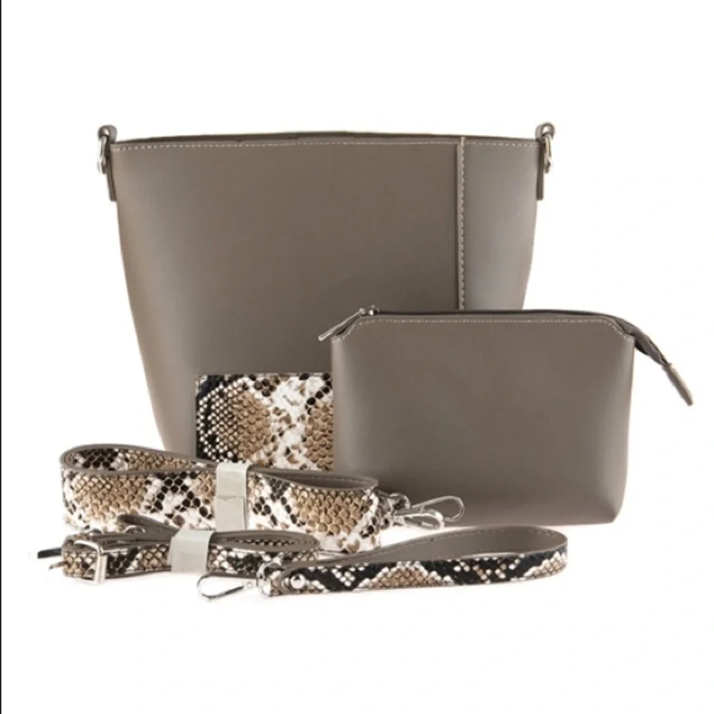 TAUPE LEATHER SHOULDER BAG SNAKESKIN PRINT STRAP